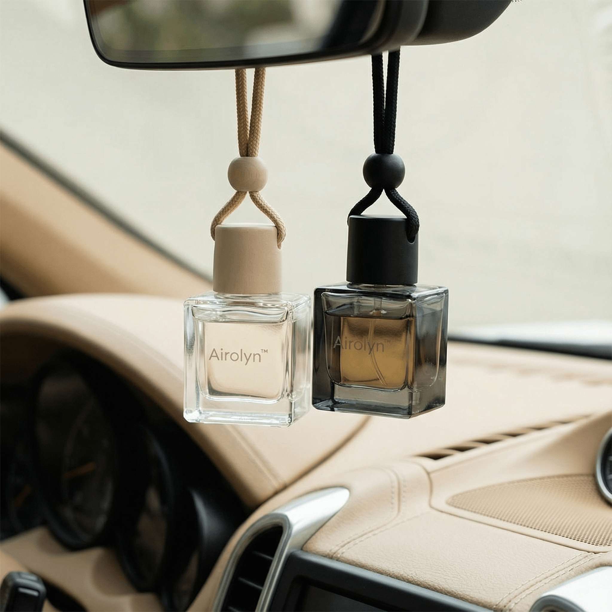 Two car air fresheners hanging from a car's rearview mirror with 'Airolyn' branding.