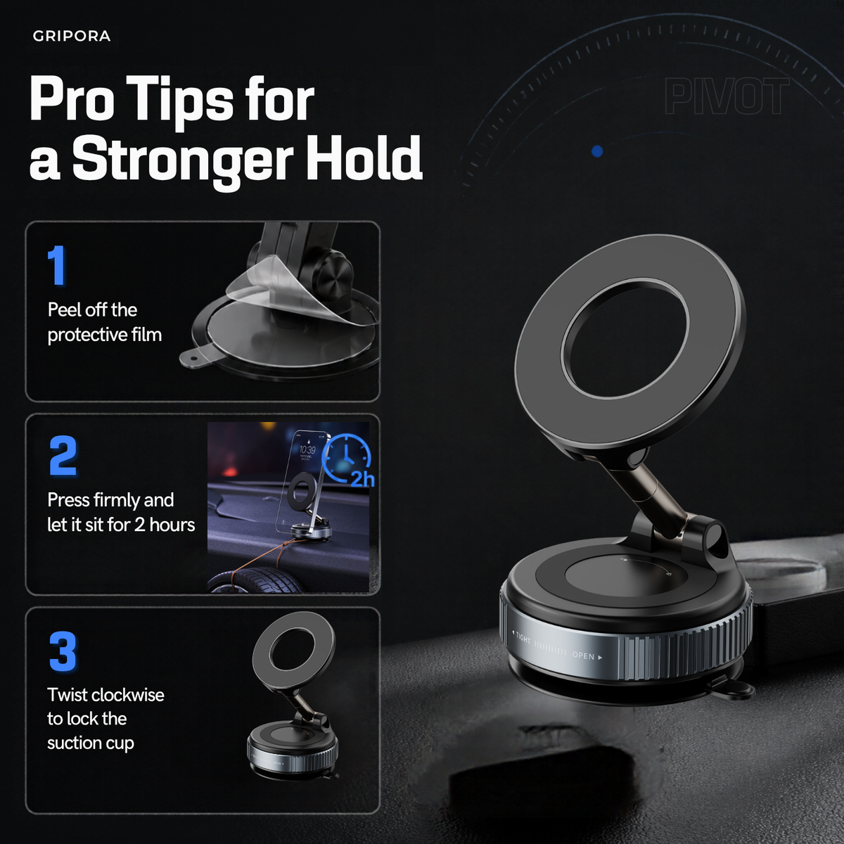 Gripora Pivot™ Vacuum Magnetic Car Mount