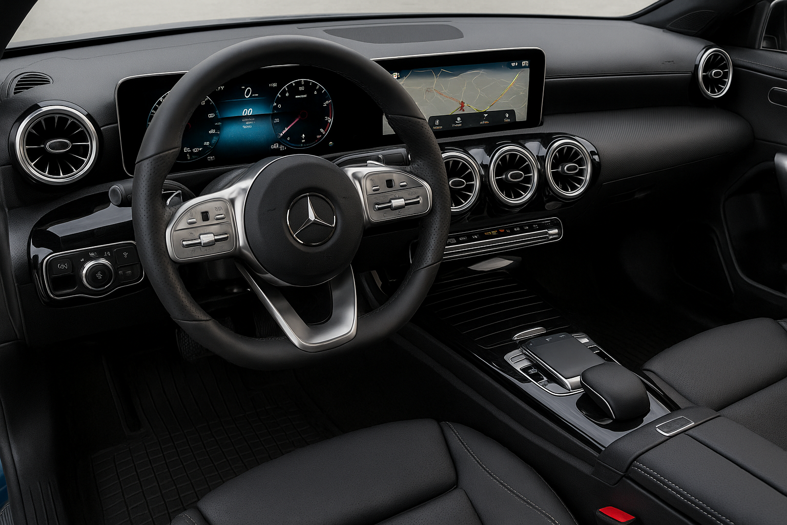 Mercedes-Benz car interior with steering wheel and dashboard