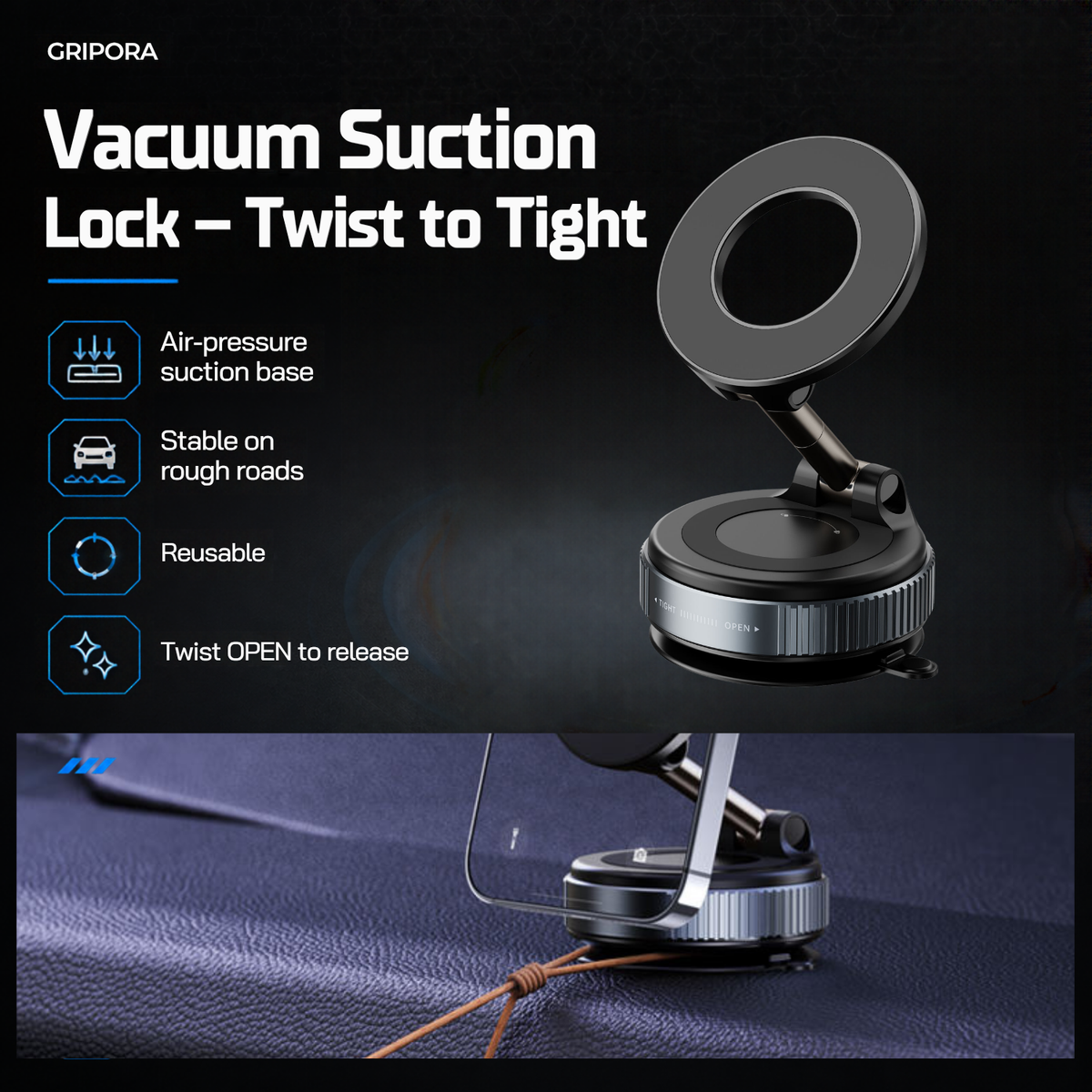 Gripora Pivot™ Vacuum Magnetic Car Mount