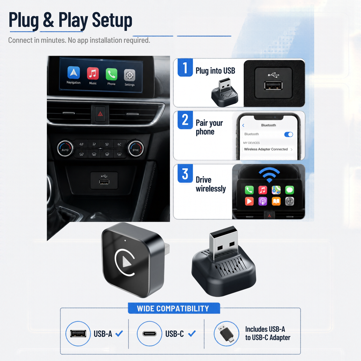 wired to wireless carplay adapter plug and play feature