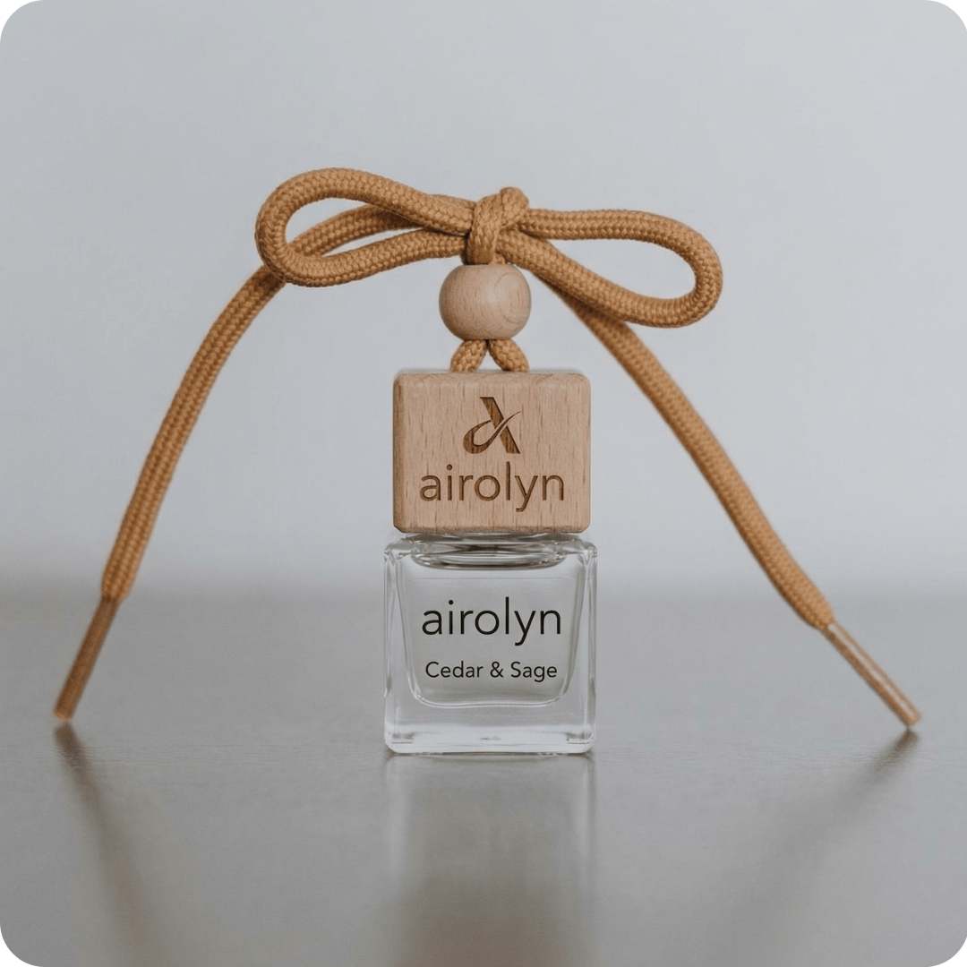 Airolyn Cedar & Sage car air freshener with wooden holder on a light gray background