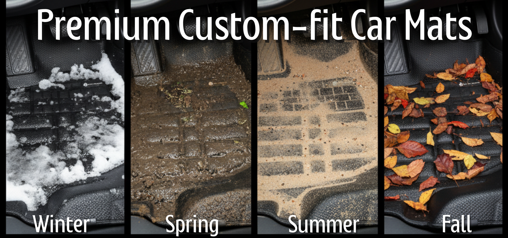 Collage of car mats protecting against different elements with text 'Premium Custom Fit Car Mats'.