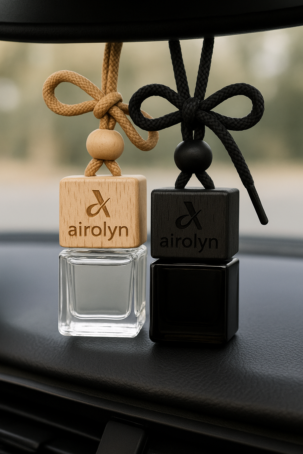 Two car air fresheners by airolyn on a car dashboard with blurred background