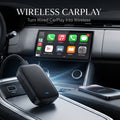 A black wireless carPlay adapter device shown plugged into a car console, with a smartphone nearby and the text 'WIRELESS CARPLAY' above a car dashboard display on a light gray background.