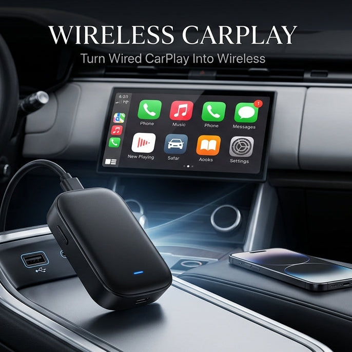 A black wireless carPlay adapter device shown plugged into a car console, with a smartphone nearby and the text 'WIRELESS CARPLAY' above a car dashboard display on a light gray background.